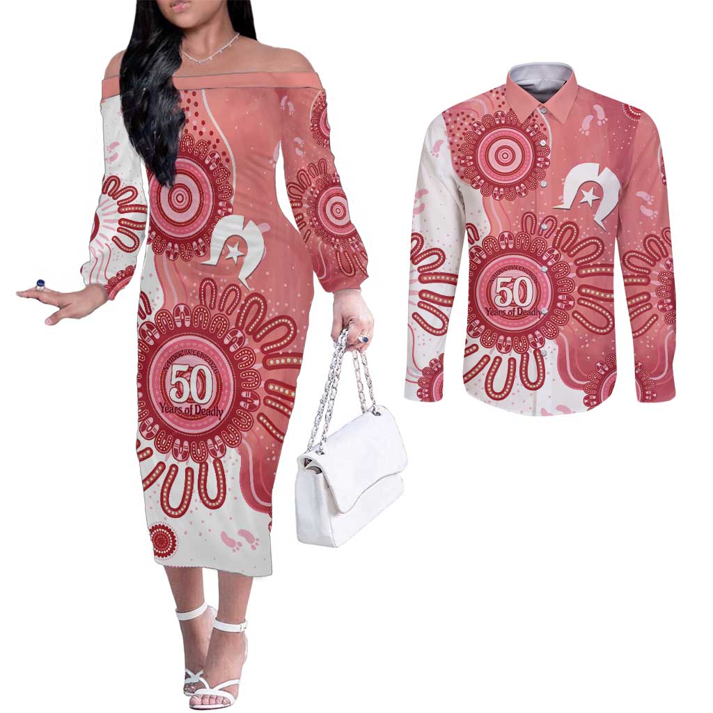 NAIDOC Week 2026 Couples Matching Off The Shoulder Long Sleeve Dress and Long Sleeve Button Shirt 50 Years Deadly Dhari Pink Aboriginal Art