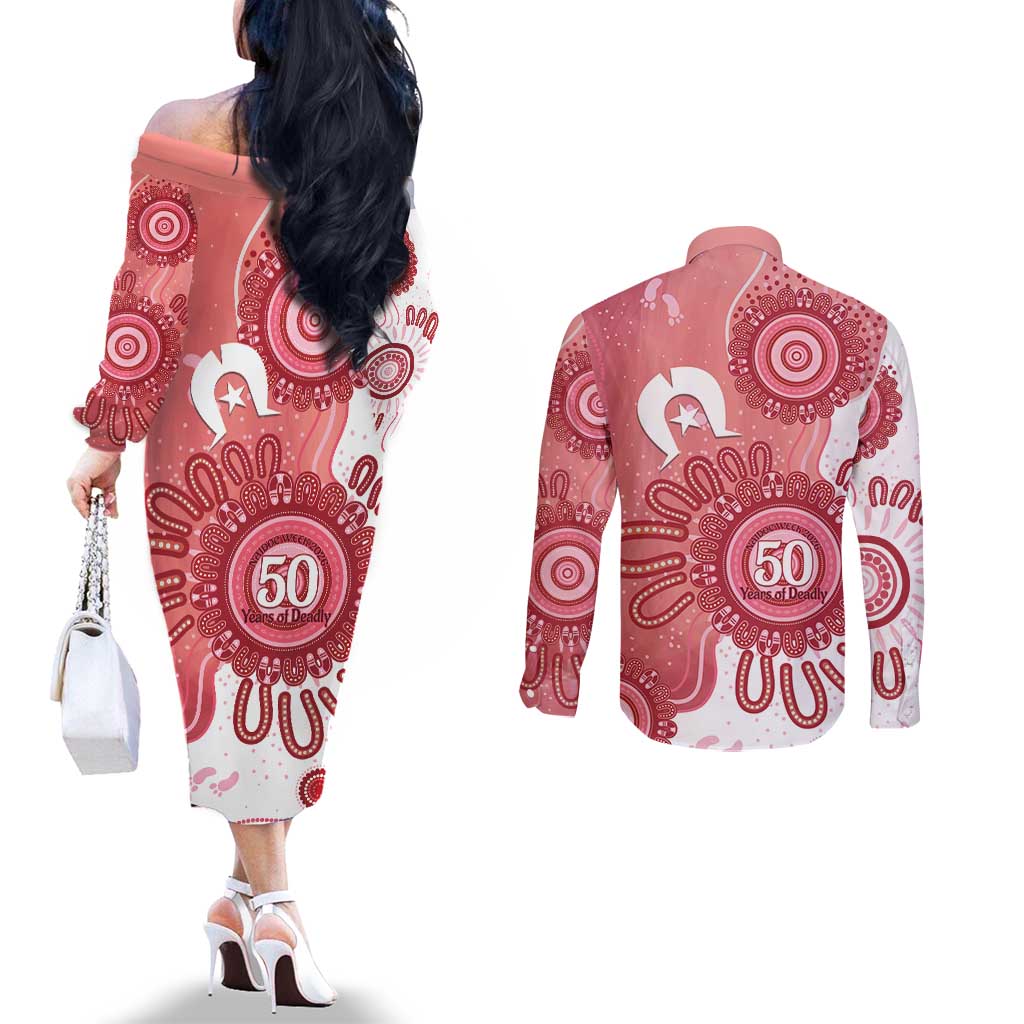 NAIDOC Week 2026 Couples Matching Off The Shoulder Long Sleeve Dress and Long Sleeve Button Shirt 50 Years Deadly Dhari Pink Aboriginal Art