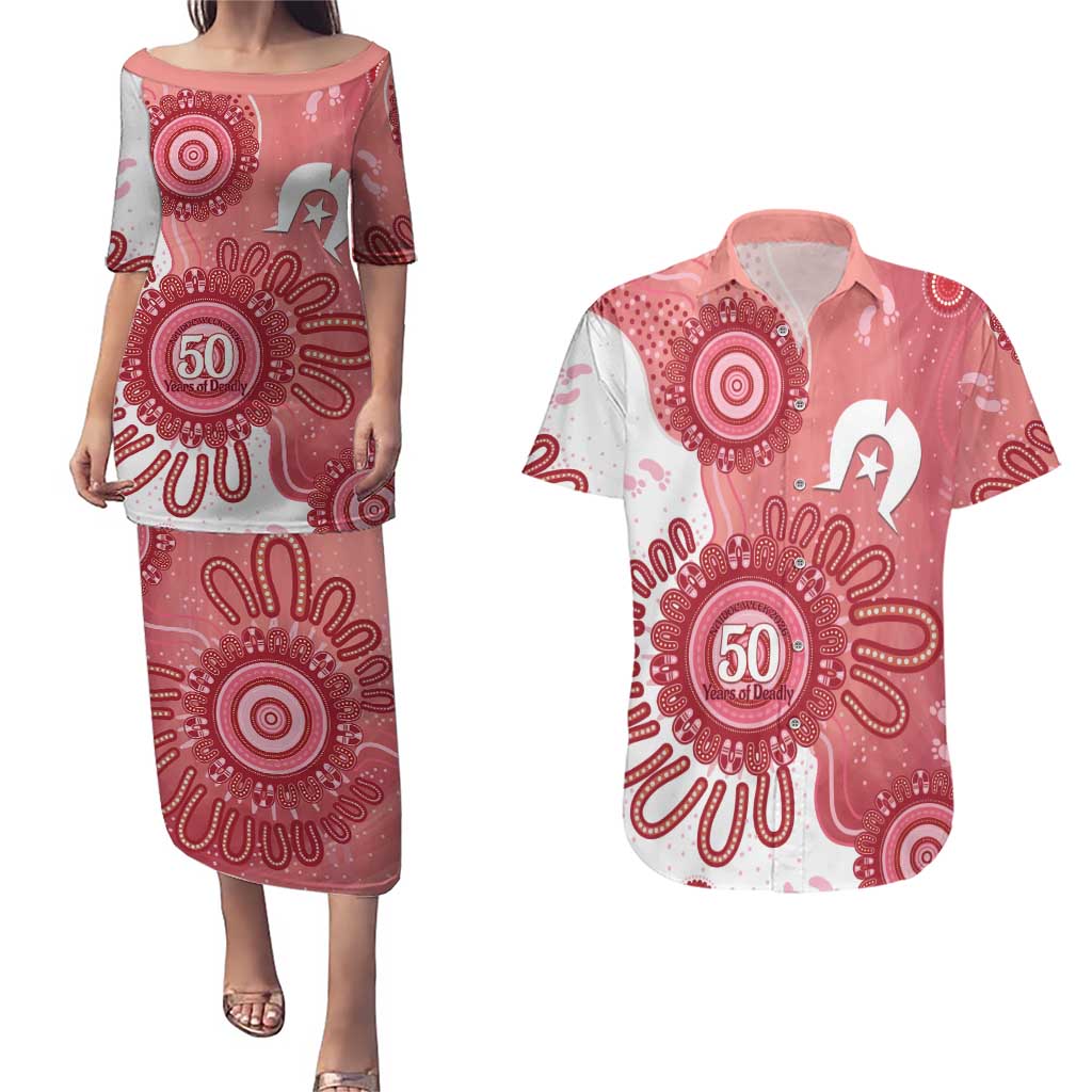 NAIDOC Week 2026 Couples Matching Puletasi and Hawaiian Shirt 50 Years Deadly Dhari Pink Aboriginal Art