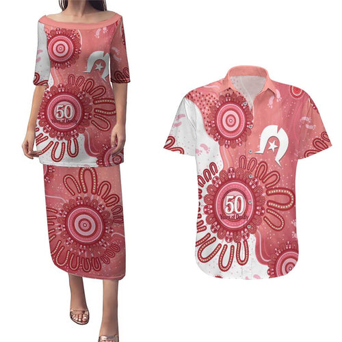 NAIDOC Week 2026 Couples Matching Puletasi and Hawaiian Shirt 50 Years Deadly Dhari Pink Aboriginal Art