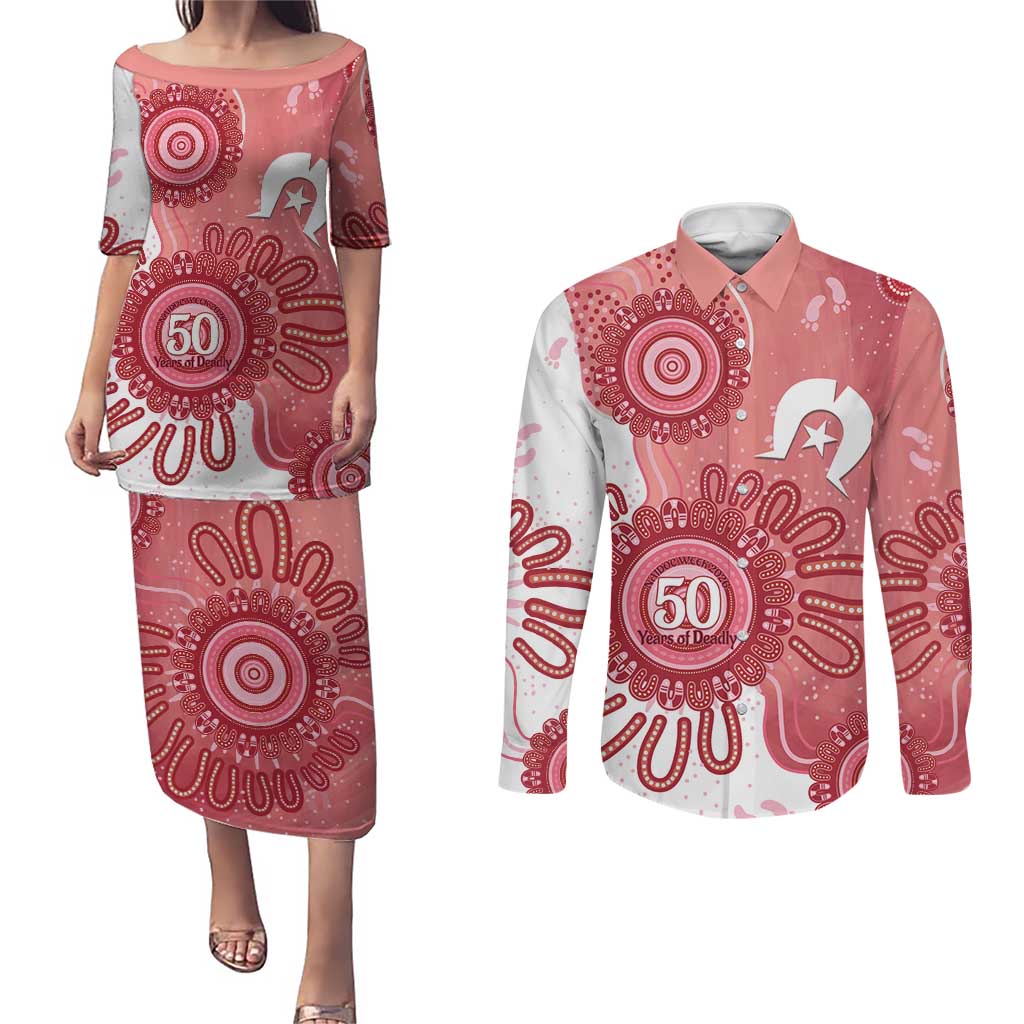 NAIDOC Week 2026 Couples Matching Puletasi and Long Sleeve Button Shirt 50 Years Deadly Dhari Pink Aboriginal Art