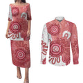 NAIDOC Week 2026 Couples Matching Puletasi and Long Sleeve Button Shirt 50 Years Deadly Dhari Pink Aboriginal Art