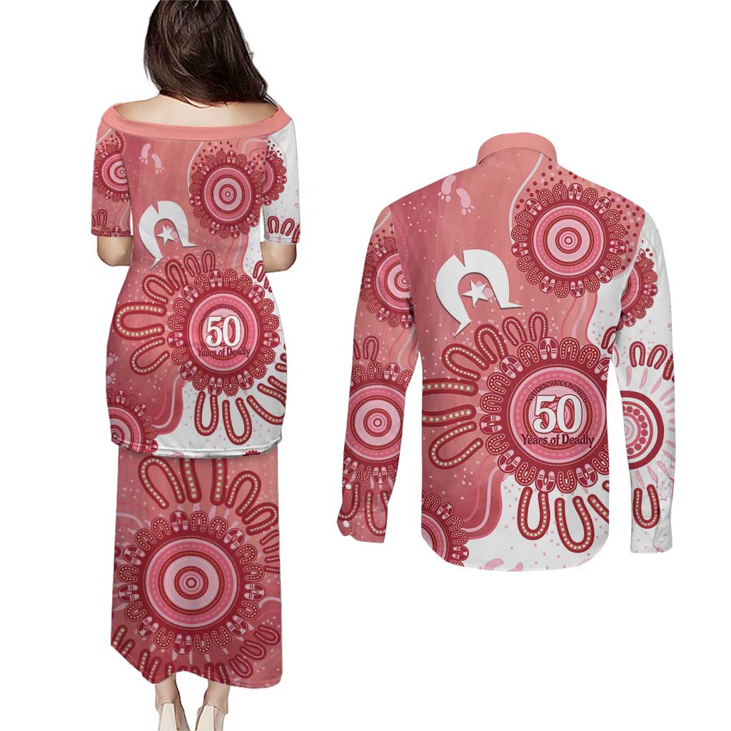 NAIDOC Week 2026 Couples Matching Puletasi and Long Sleeve Button Shirt 50 Years Deadly Dhari Pink Aboriginal Art