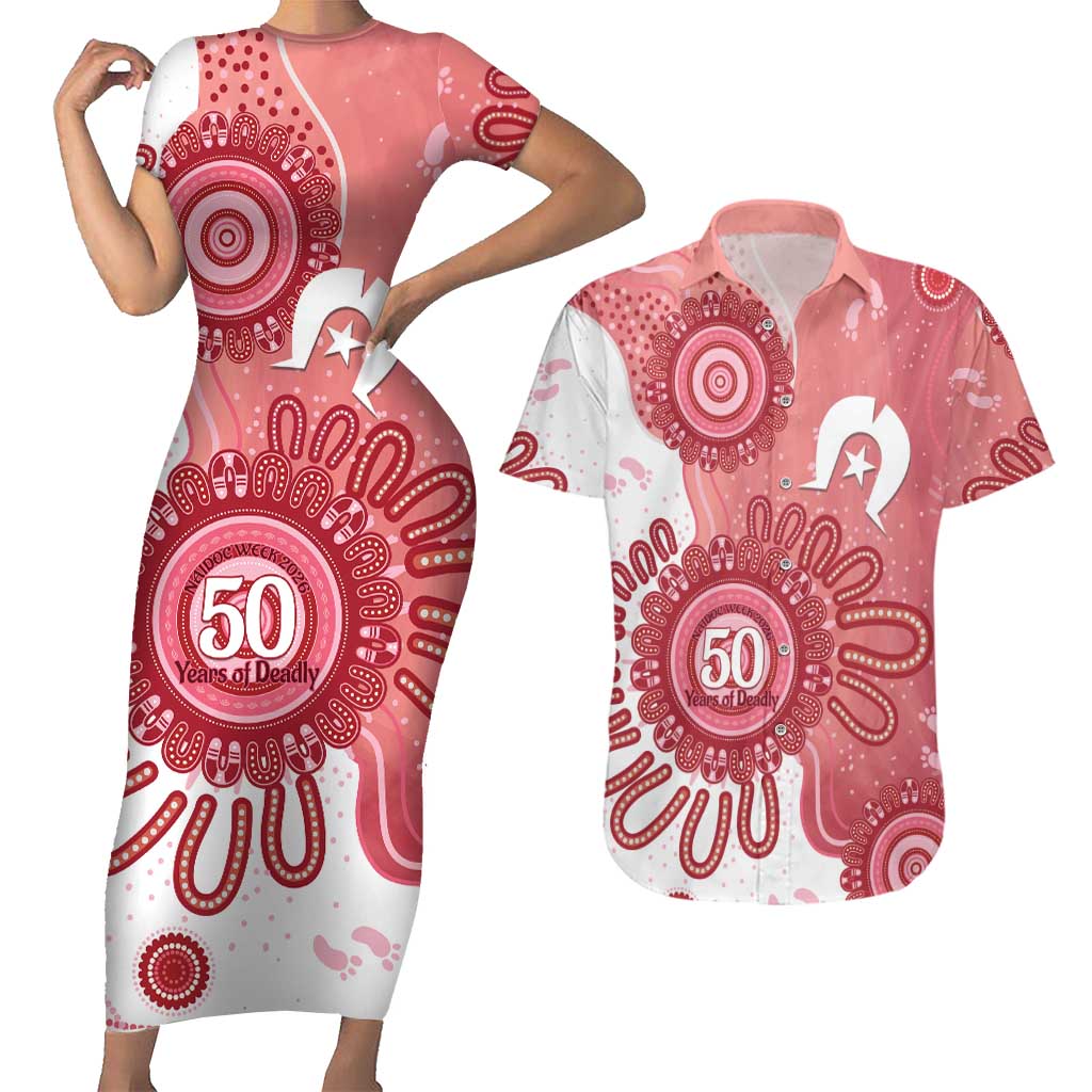 NAIDOC Week 2026 Couples Matching Short Sleeve Bodycon Dress and Hawaiian Shirt 50 Years Deadly Dhari Pink Aboriginal Art