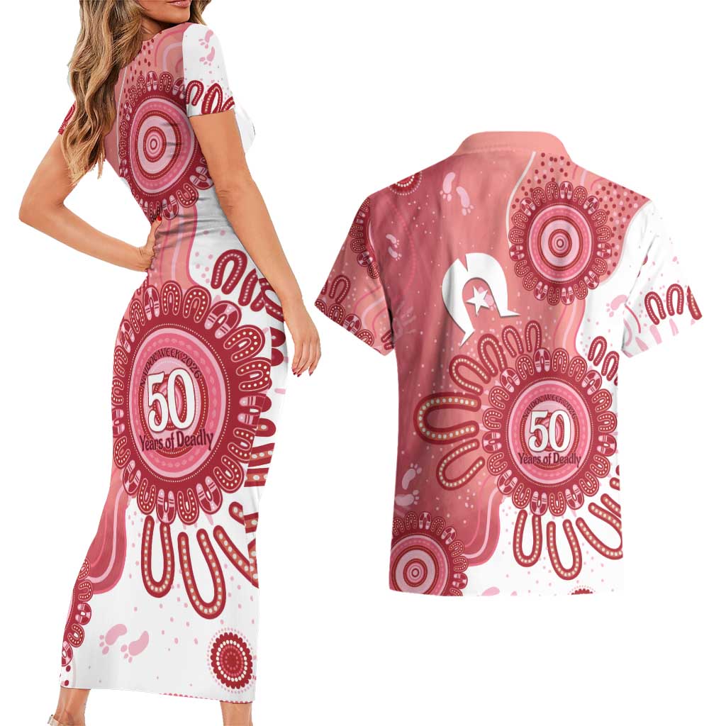 NAIDOC Week 2026 Couples Matching Short Sleeve Bodycon Dress and Hawaiian Shirt 50 Years Deadly Dhari Pink Aboriginal Art