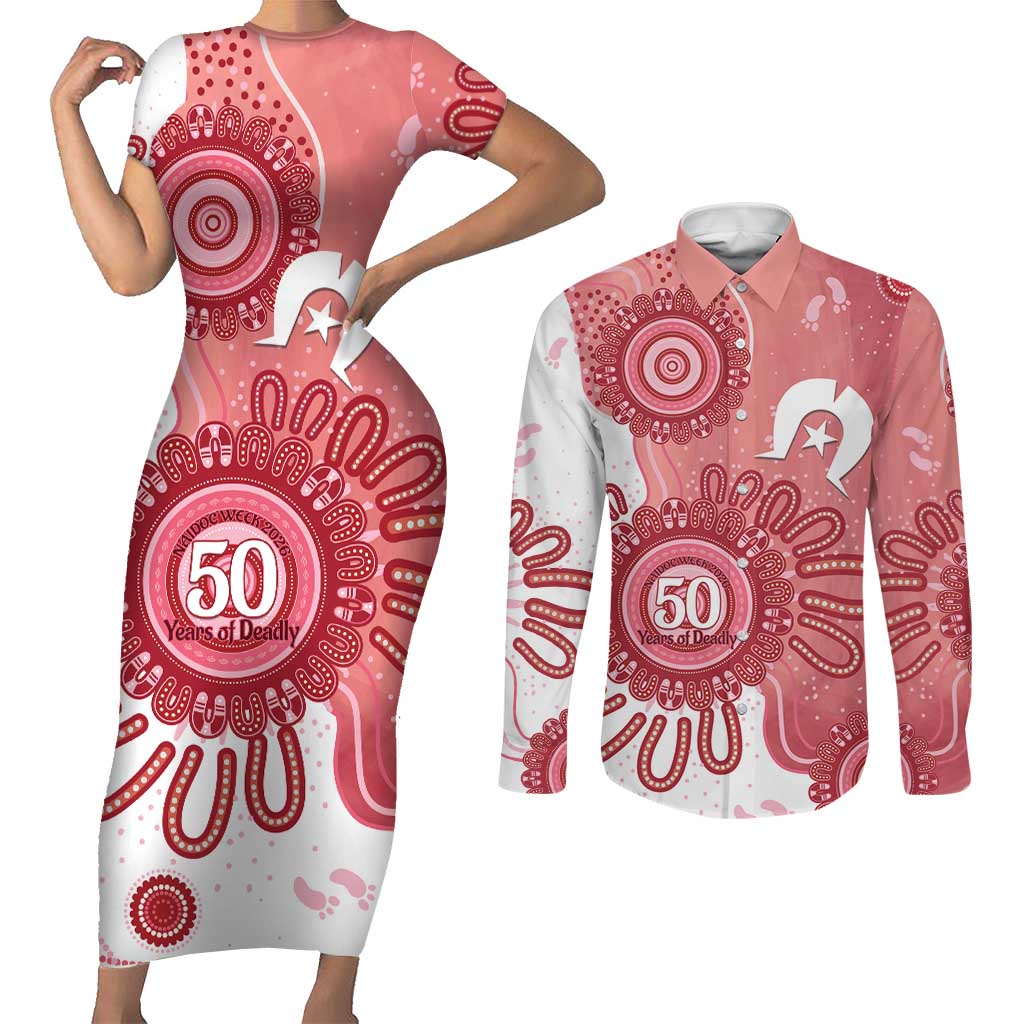 NAIDOC Week 2026 Couples Matching Short Sleeve Bodycon Dress and Long Sleeve Button Shirt 50 Years Deadly Dhari Pink Aboriginal Art