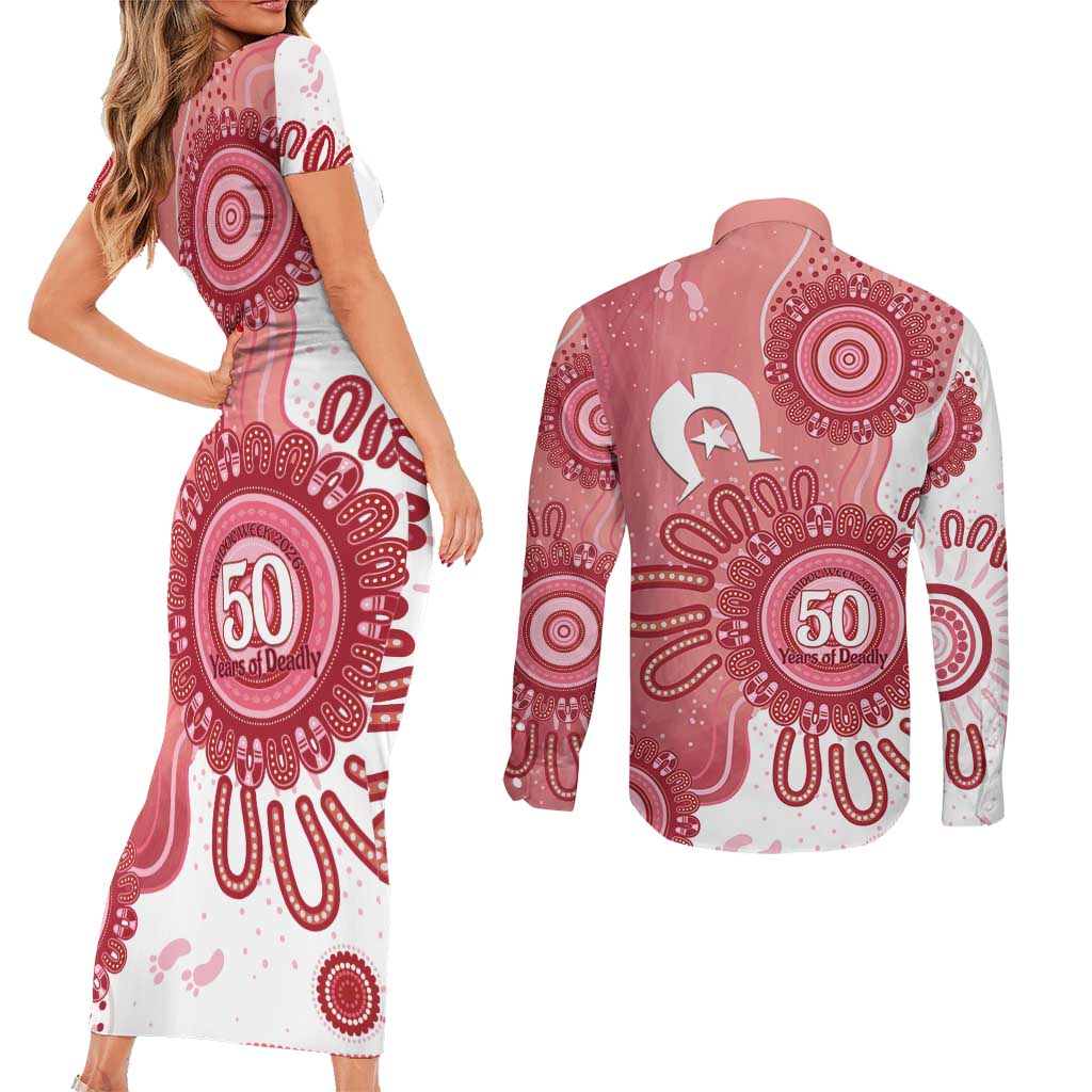 NAIDOC Week 2026 Couples Matching Short Sleeve Bodycon Dress and Long Sleeve Button Shirt 50 Years Deadly Dhari Pink Aboriginal Art
