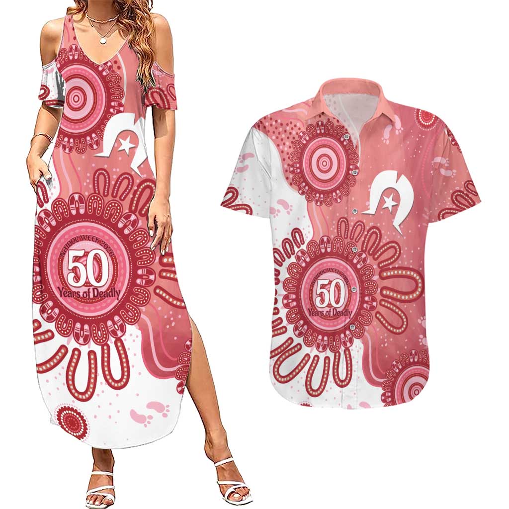 NAIDOC Week 2026 Couples Matching Summer Maxi Dress and Hawaiian Shirt 50 Years Deadly Dhari Pink Aboriginal Art