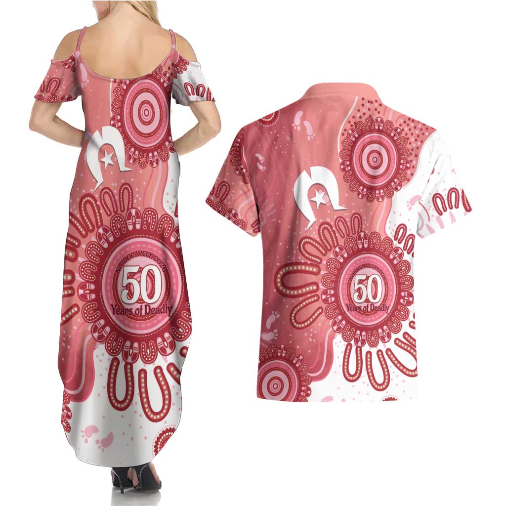NAIDOC Week 2026 Couples Matching Summer Maxi Dress and Hawaiian Shirt 50 Years Deadly Dhari Pink Aboriginal Art