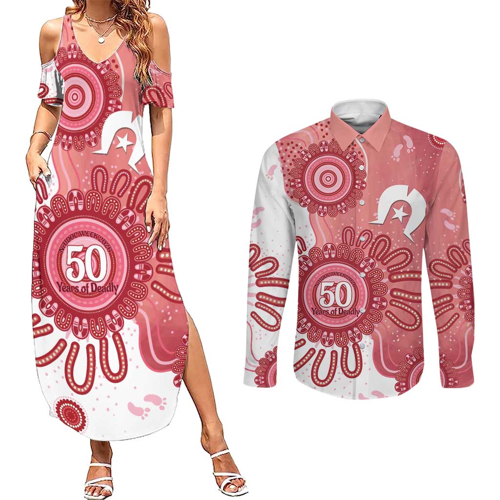 NAIDOC Week 2026 Couples Matching Summer Maxi Dress and Long Sleeve Button Shirt 50 Years Deadly Dhari Pink Aboriginal Art