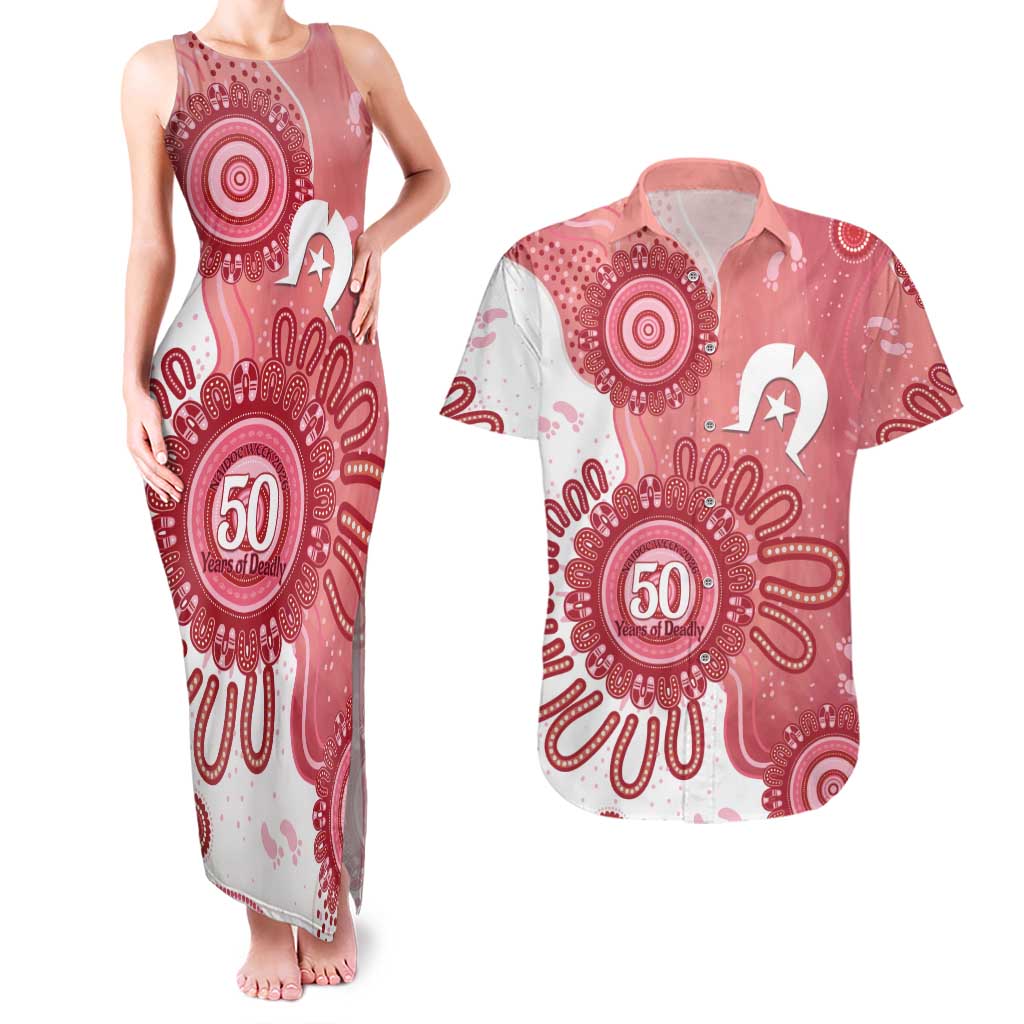 NAIDOC Week 2026 Couples Matching Tank Maxi Dress and Hawaiian Shirt 50 Years Deadly Dhari Pink Aboriginal Art