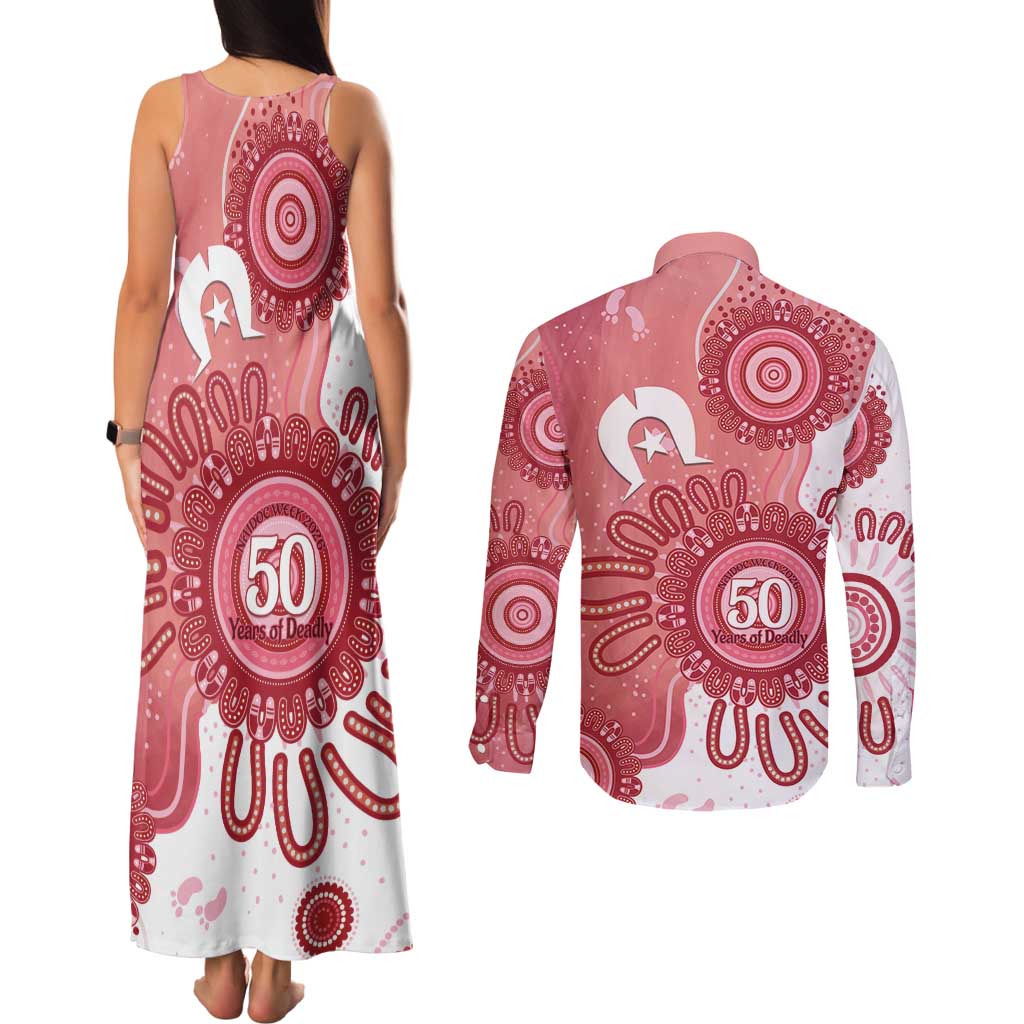 NAIDOC Week 2026 Couples Matching Tank Maxi Dress and Long Sleeve Button Shirt 50 Years Deadly Dhari Pink Aboriginal Art