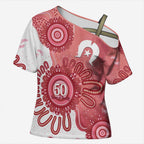 NAIDOC Week 2026 Cross Shoulder Shirt 50 Years Deadly Dhari Pink Aboriginal Art