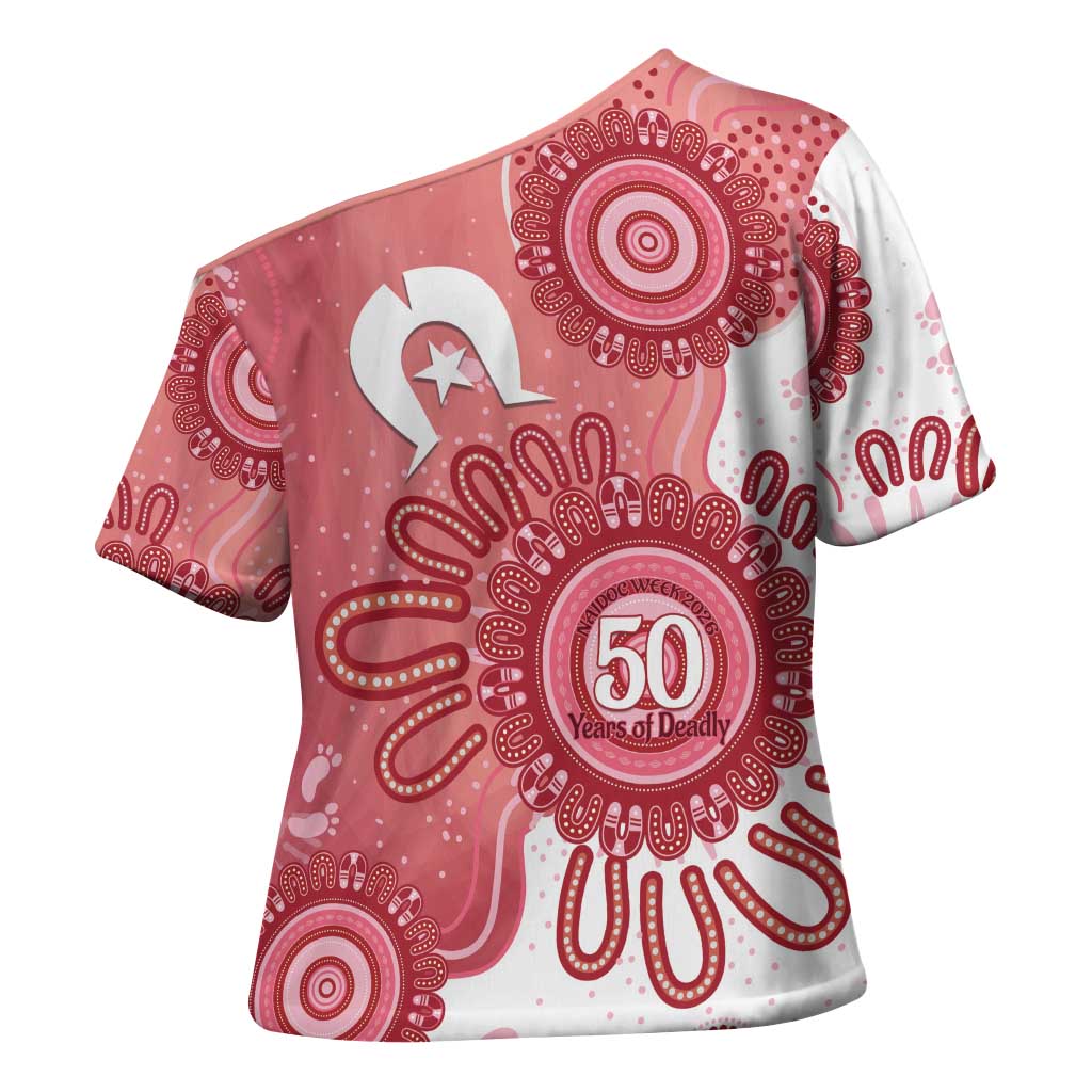 NAIDOC Week 2026 Cross Shoulder Shirt 50 Years Deadly Dhari Pink Aboriginal Art