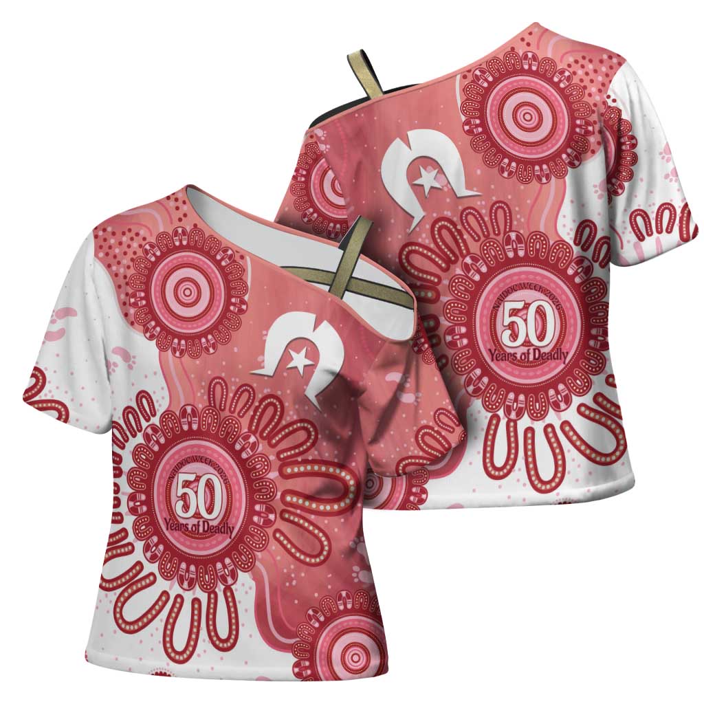 NAIDOC Week 2026 Cross Shoulder Shirt 50 Years Deadly Dhari Pink Aboriginal Art