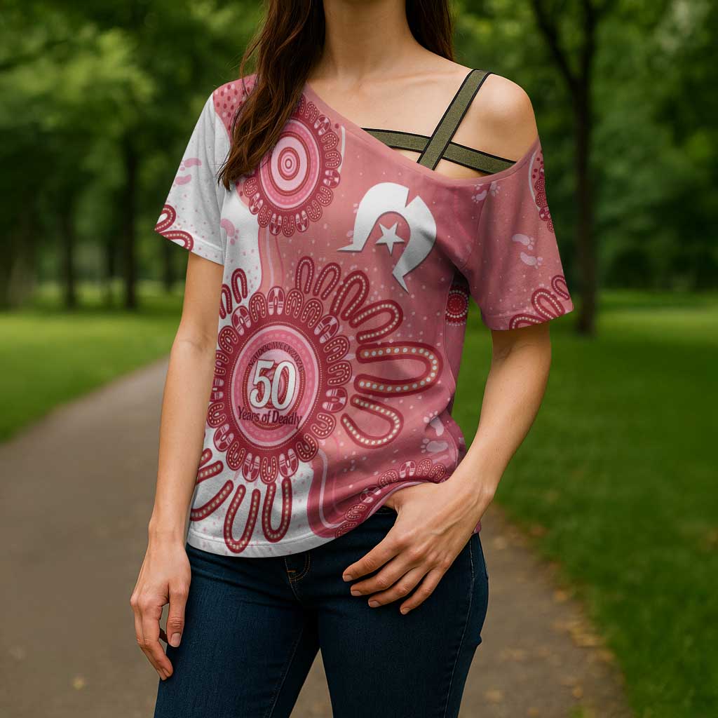 NAIDOC Week 2026 Cross Shoulder Shirt 50 Years Deadly Dhari Pink Aboriginal Art