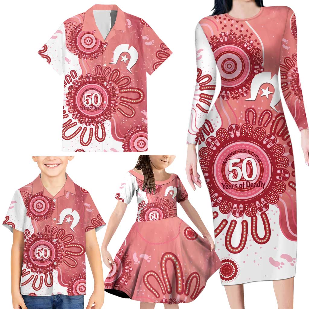 NAIDOC Week 2026 Family Matching Long Sleeve Bodycon Dress and Hawaiian Shirt 50 Years Deadly Dhari Pink Aboriginal Art