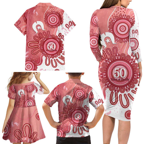 NAIDOC Week 2026 Family Matching Long Sleeve Bodycon Dress and Hawaiian Shirt 50 Years Deadly Dhari Pink Aboriginal Art