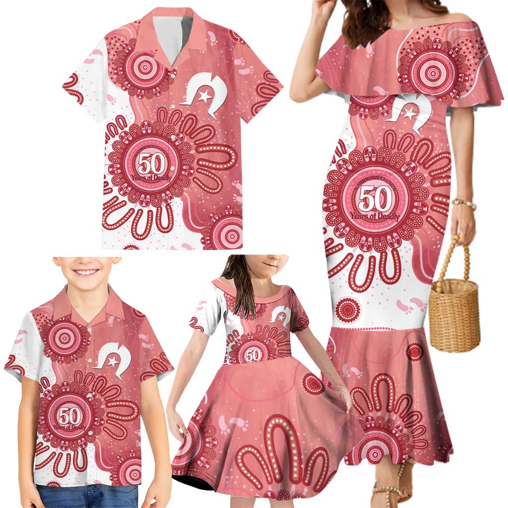 NAIDOC Week 2026 Family Matching Mermaid Dress and Hawaiian Shirt 50 Years Deadly Dhari Pink Aboriginal Art