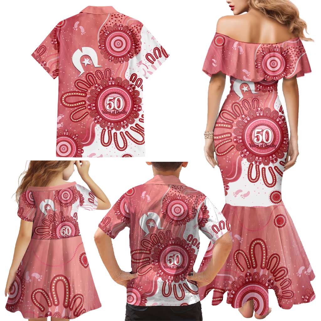 NAIDOC Week 2026 Family Matching Mermaid Dress and Hawaiian Shirt 50 Years Deadly Dhari Pink Aboriginal Art