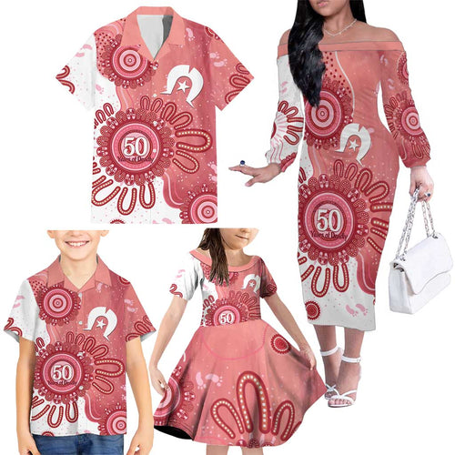 NAIDOC Week 2026 Family Matching Off The Shoulder Long Sleeve Dress and Hawaiian Shirt 50 Years Deadly Dhari Pink Aboriginal Art