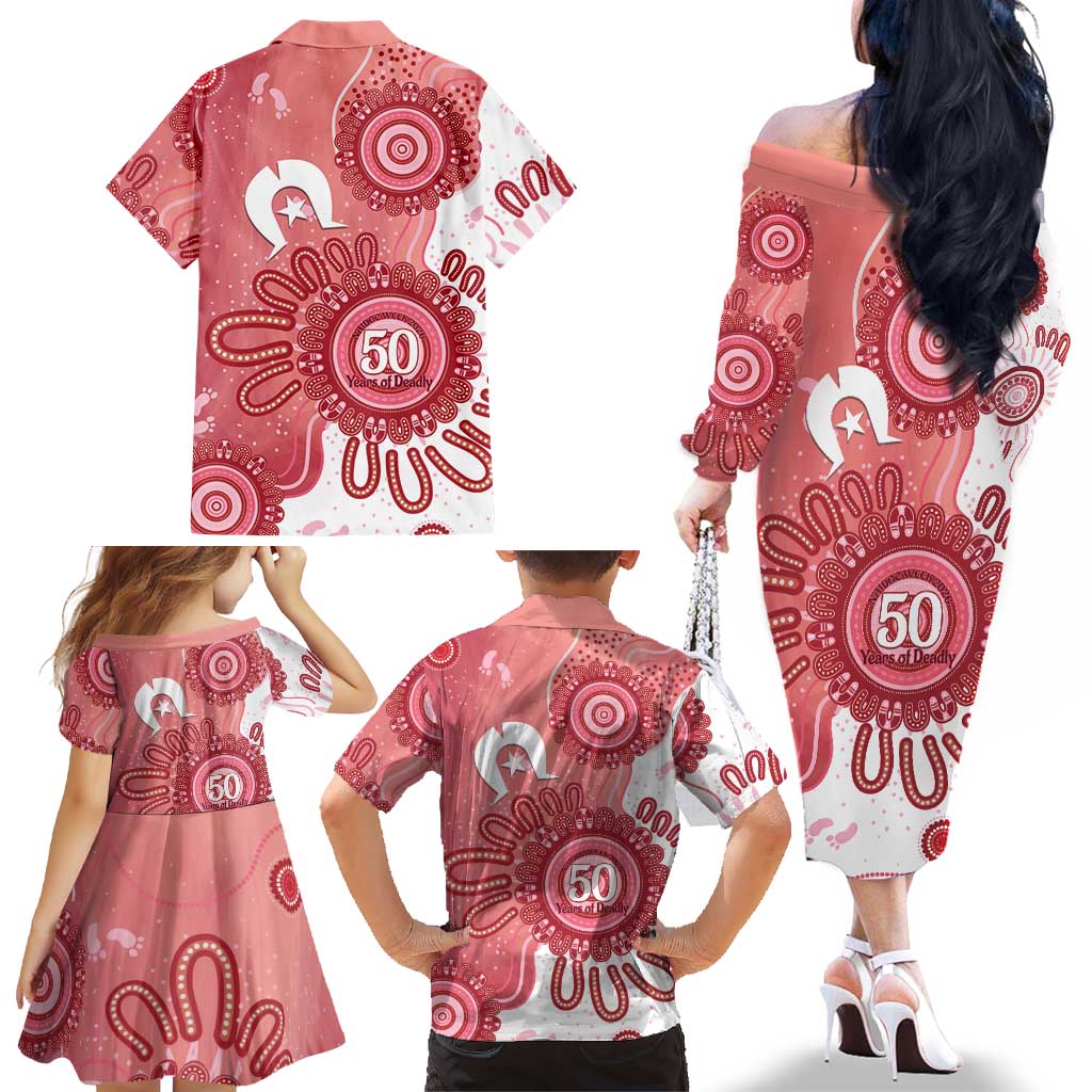 NAIDOC Week 2026 Family Matching Off The Shoulder Long Sleeve Dress and Hawaiian Shirt 50 Years Deadly Dhari Pink Aboriginal Art
