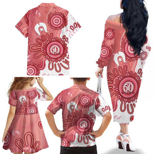 NAIDOC Week 2026 Family Matching Off The Shoulder Long Sleeve Dress and Hawaiian Shirt 50 Years Deadly Dhari Pink Aboriginal Art
