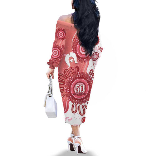 NAIDOC Week 2026 Family Matching Off The Shoulder Long Sleeve Dress and Hawaiian Shirt 50 Years Deadly Dhari Pink Aboriginal Art