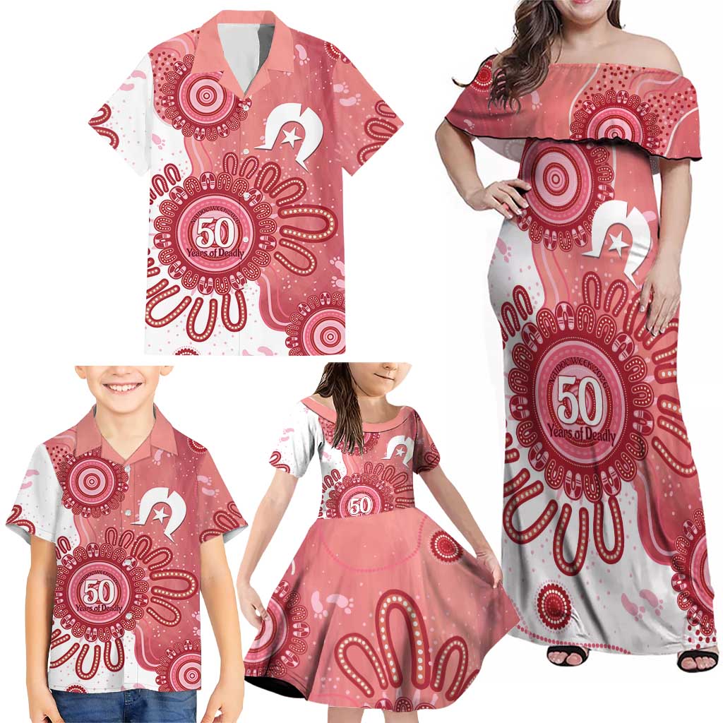 NAIDOC Week 2026 Family Matching Off Shoulder Maxi Dress and Hawaiian Shirt 50 Years Deadly Dhari Pink Aboriginal Art