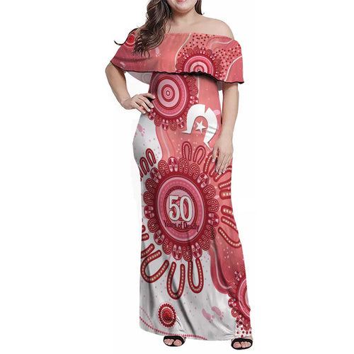 NAIDOC Week 2026 Family Matching Off Shoulder Maxi Dress and Hawaiian Shirt 50 Years Deadly Dhari Pink Aboriginal Art