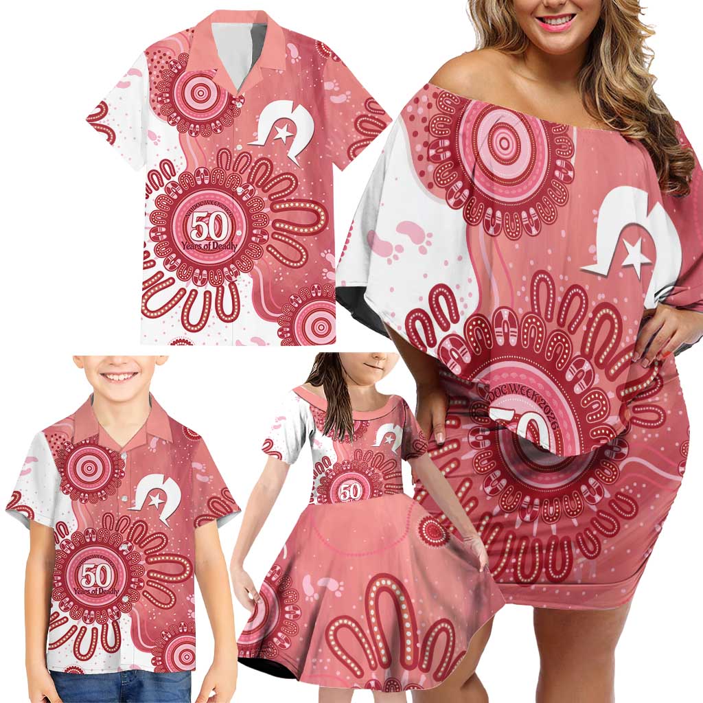 NAIDOC Week 2026 Family Matching Off Shoulder Short Dress and Hawaiian Shirt 50 Years Deadly Dhari Pink Aboriginal Art
