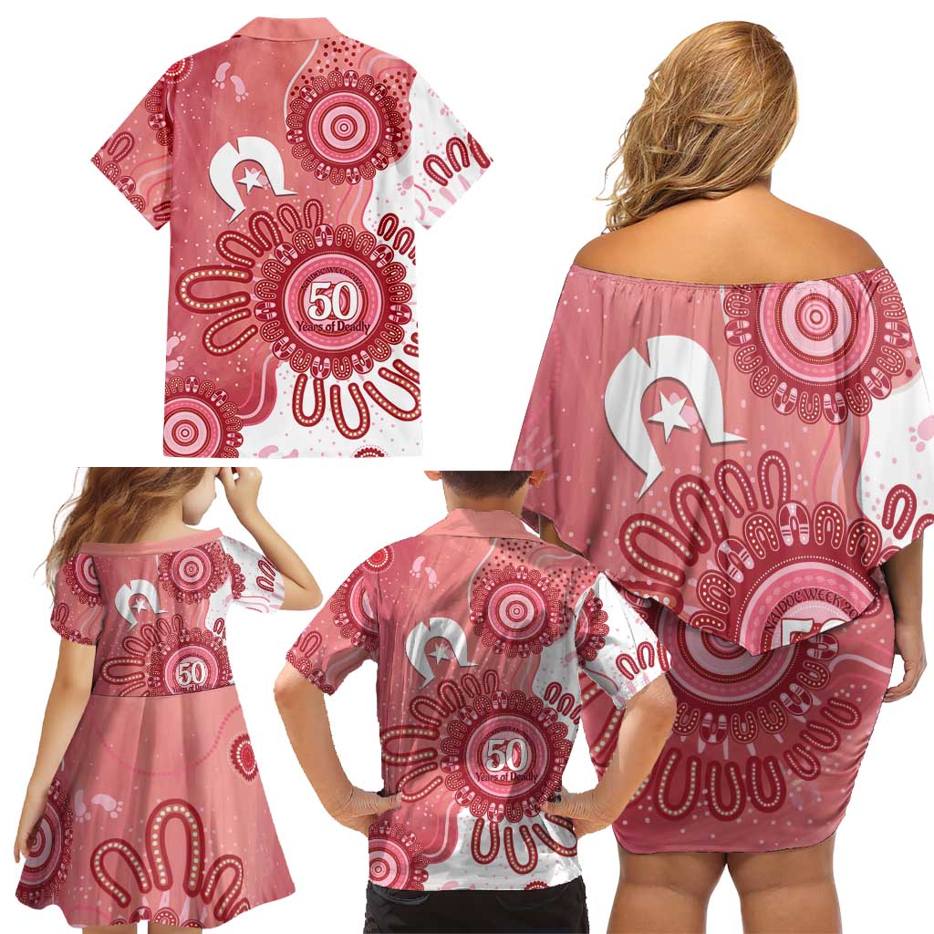 NAIDOC Week 2026 Family Matching Off Shoulder Short Dress and Hawaiian Shirt 50 Years Deadly Dhari Pink Aboriginal Art