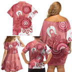 NAIDOC Week 2026 Family Matching Off Shoulder Short Dress and Hawaiian Shirt 50 Years Deadly Dhari Pink Aboriginal Art