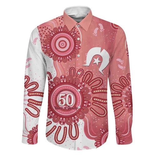 NAIDOC Week 2026 Family Matching Off Shoulder Short Dress and Hawaiian Shirt 50 Years Deadly Dhari Pink Aboriginal Art