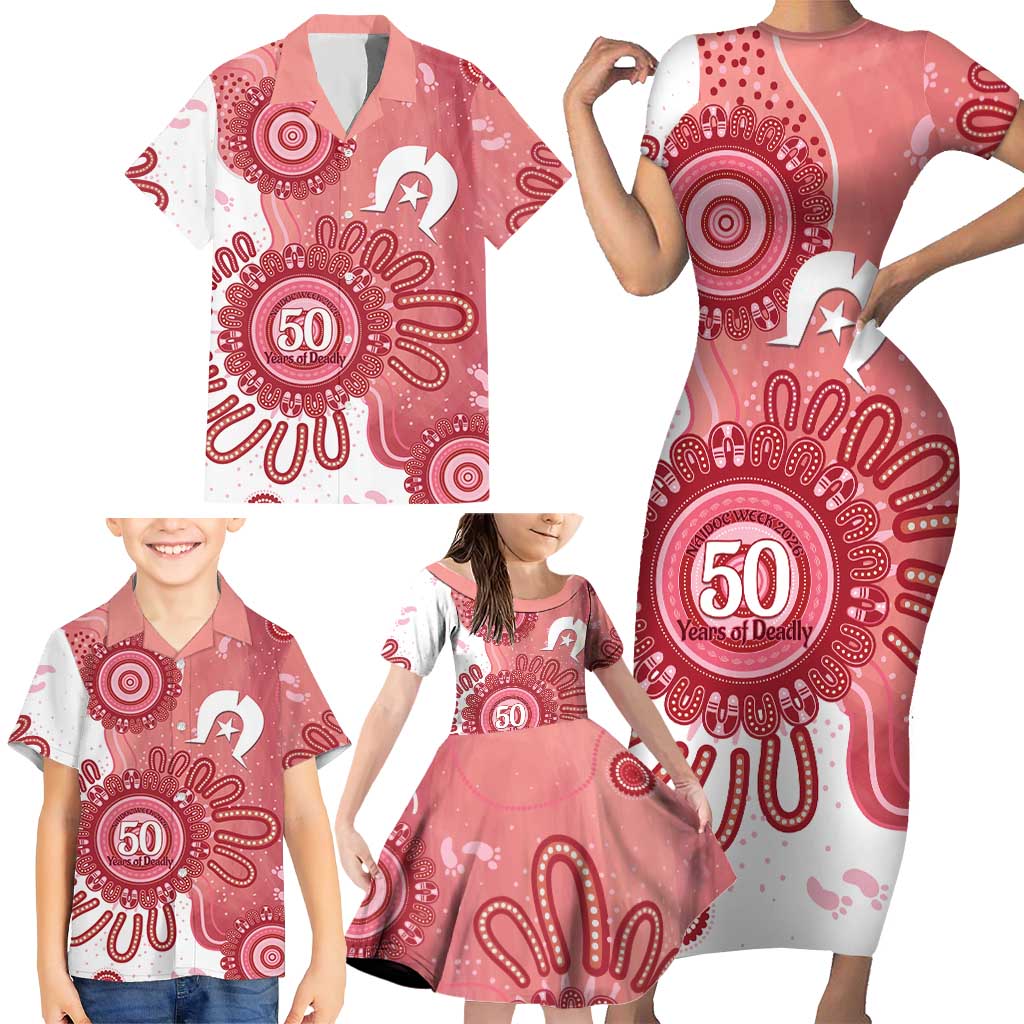 NAIDOC Week 2026 Family Matching Short Sleeve Bodycon Dress and Hawaiian Shirt 50 Years Deadly Dhari Pink Aboriginal Art