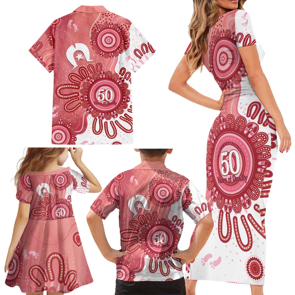NAIDOC Week 2026 Family Matching Short Sleeve Bodycon Dress and Hawaiian Shirt 50 Years Deadly Dhari Pink Aboriginal Art