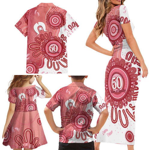 NAIDOC Week 2026 Family Matching Short Sleeve Bodycon Dress and Hawaiian Shirt 50 Years Deadly Dhari Pink Aboriginal Art