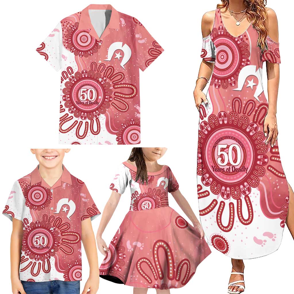 NAIDOC Week 2026 Family Matching Summer Maxi Dress and Hawaiian Shirt 50 Years Deadly Dhari Pink Aboriginal Art