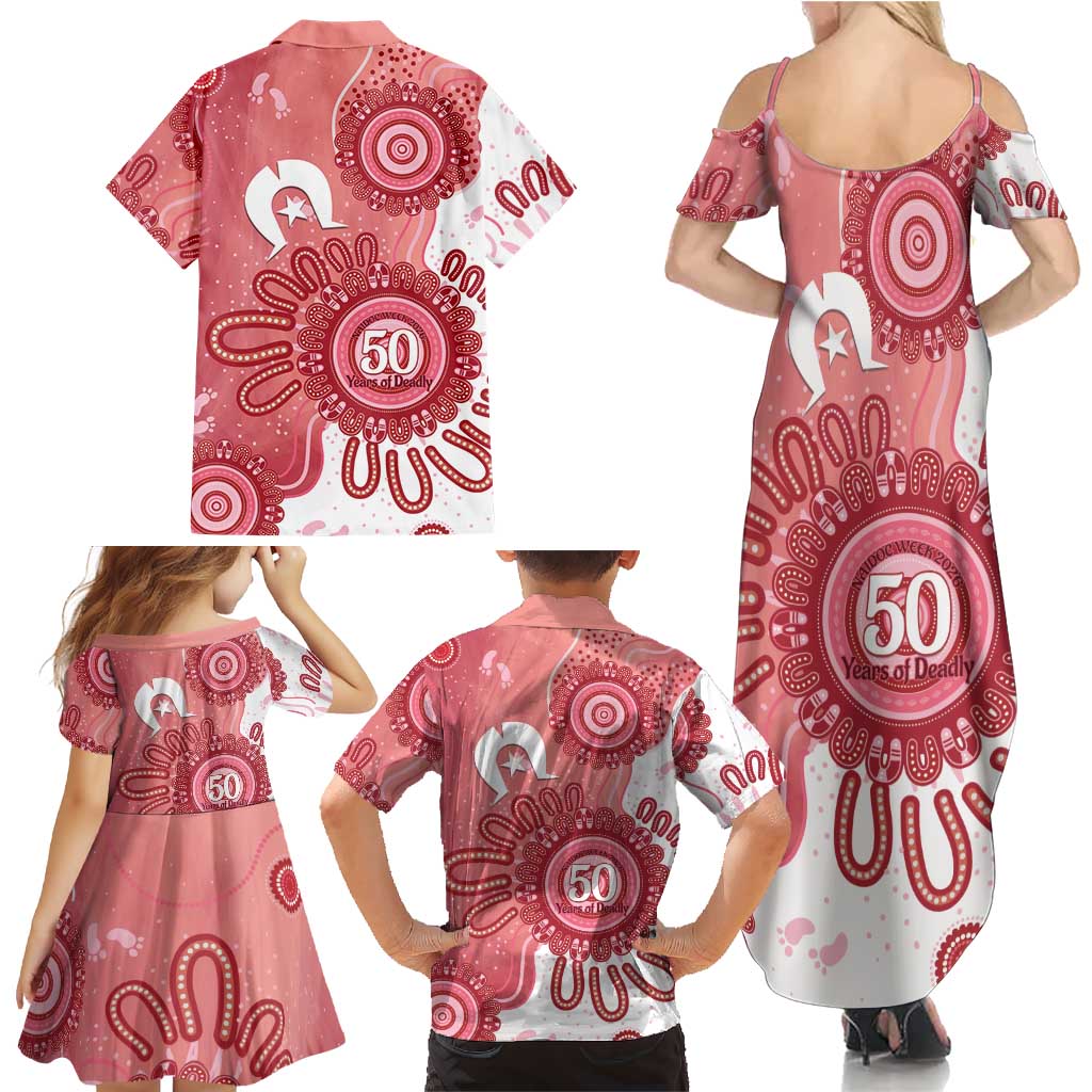 NAIDOC Week 2026 Family Matching Summer Maxi Dress and Hawaiian Shirt 50 Years Deadly Dhari Pink Aboriginal Art