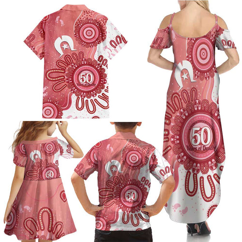 NAIDOC Week 2026 Family Matching Summer Maxi Dress and Hawaiian Shirt 50 Years Deadly Dhari Pink Aboriginal Art