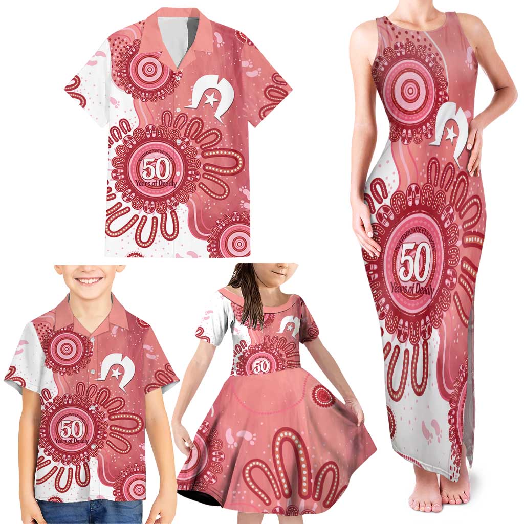 NAIDOC Week 2026 Family Matching Tank Maxi Dress and Hawaiian Shirt 50 Years Deadly Dhari Pink Aboriginal Art