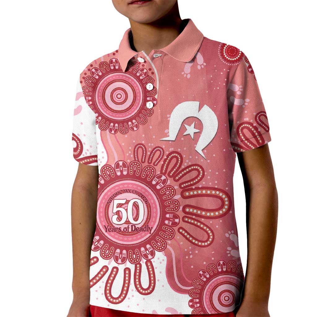 NAIDOC Week 2026 Kid Polo Shirt 50 Years Deadly Dhari Pink Aboriginal Art