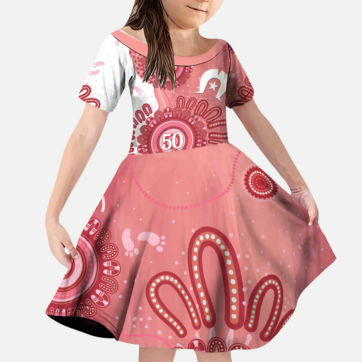 NAIDOC Week 2026 Kid Short Sleeve Dress 50 Years Deadly Dhari Pink Aboriginal Art