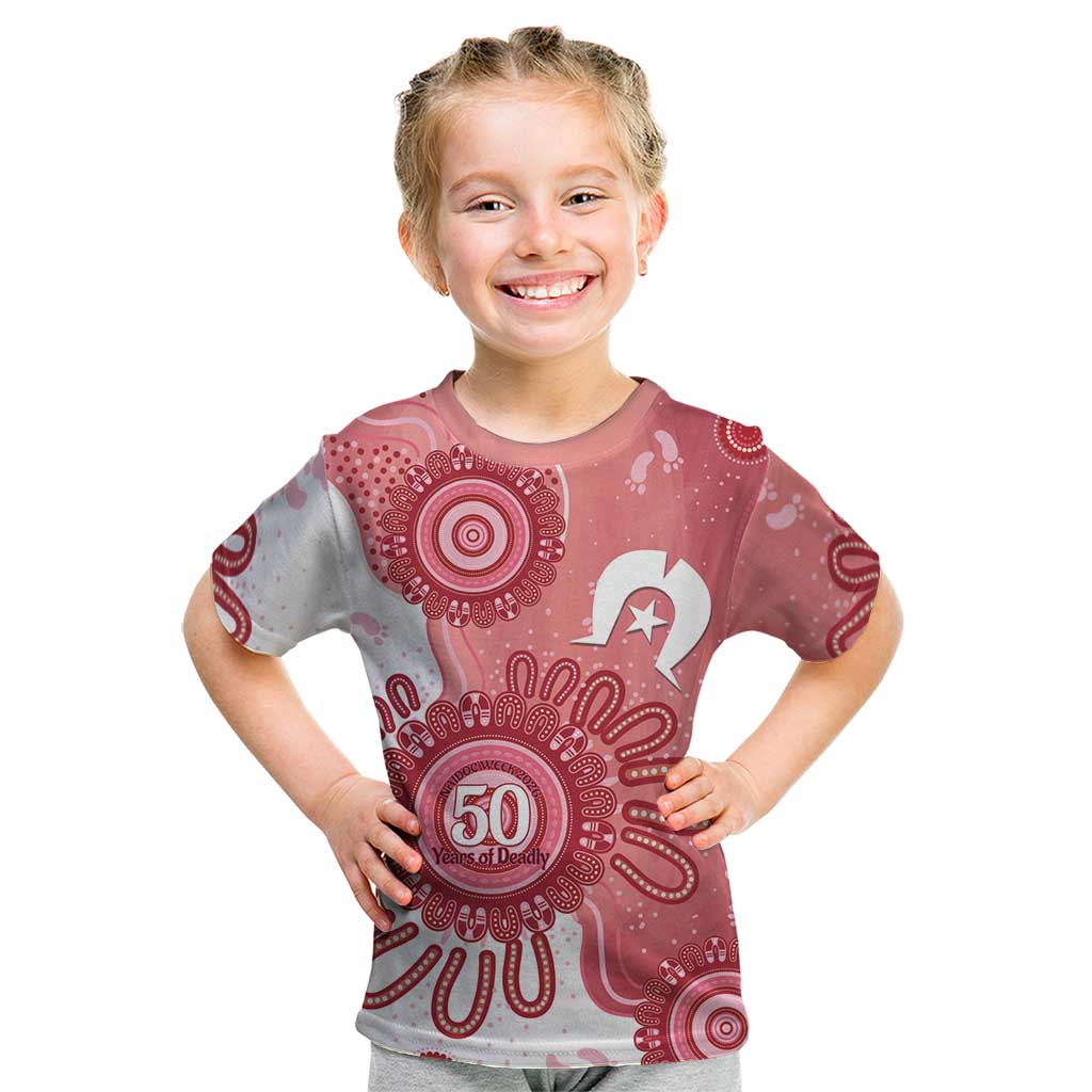 NAIDOC Week 2026 Kid T Shirt 50 Years Deadly Dhari Pink Aboriginal Art