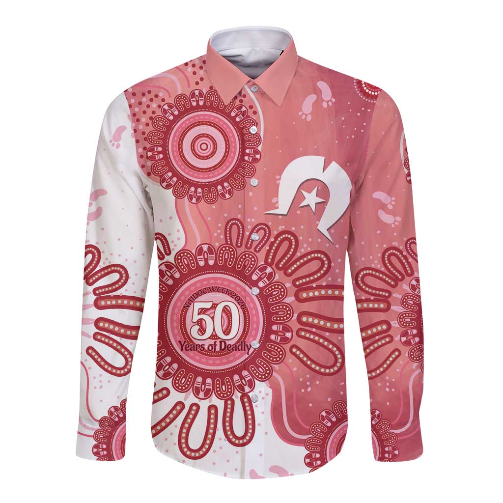 NAIDOC Week 2026 Long Sleeve Button Shirt 50 Years Deadly Dhari Pink Aboriginal Art