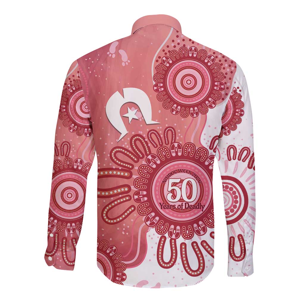 NAIDOC Week 2026 Long Sleeve Button Shirt 50 Years Deadly Dhari Pink Aboriginal Art