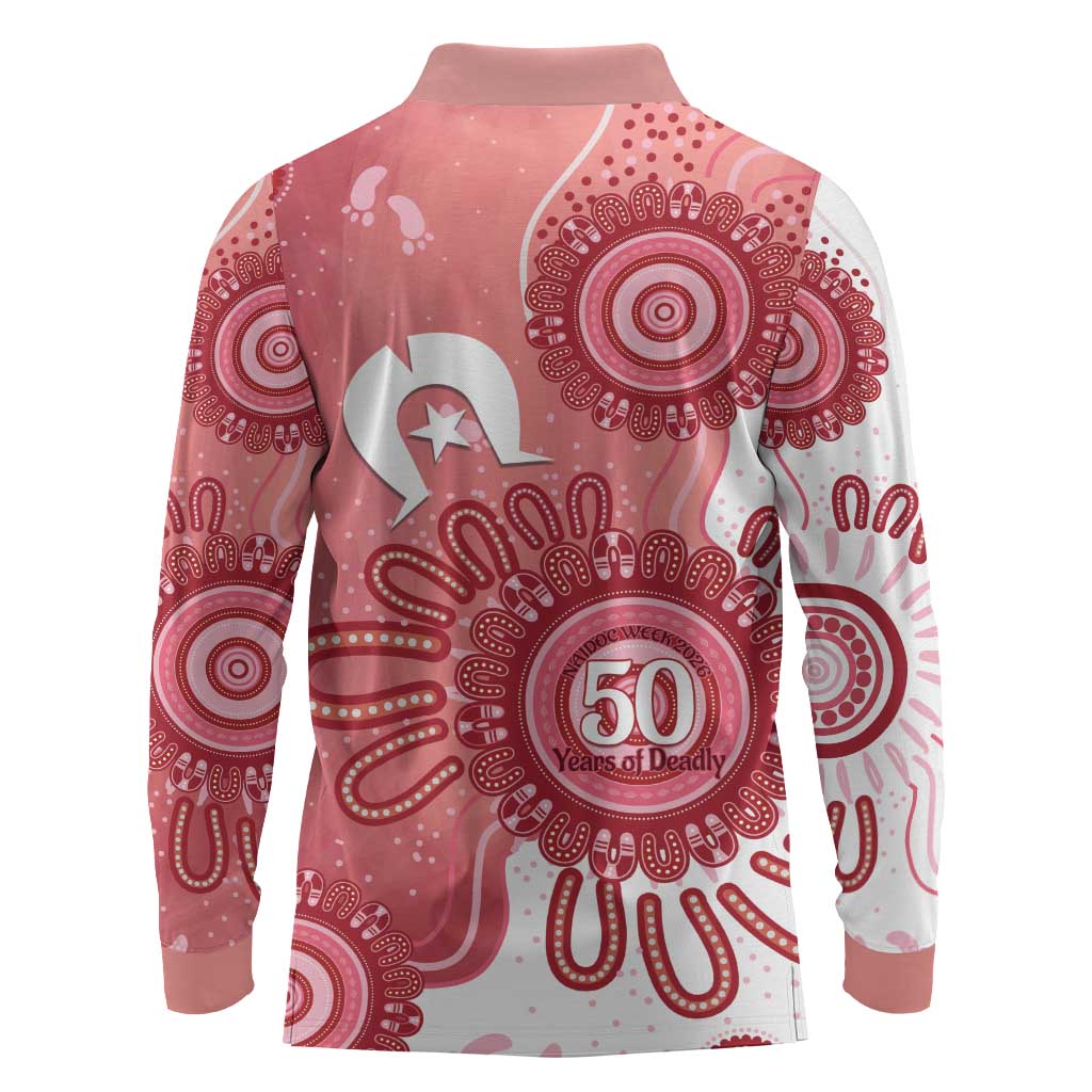 NAIDOC Week 2026 Long Sleeve Polo Shirt 50 Years Deadly Dhari Pink Aboriginal Art