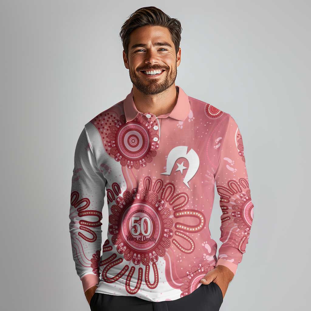 NAIDOC Week 2026 Long Sleeve Polo Shirt 50 Years Deadly Dhari Pink Aboriginal Art