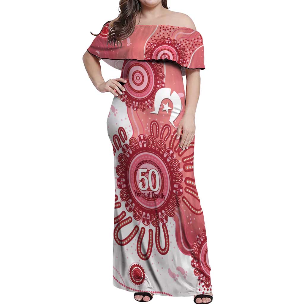 NAIDOC Week 2026 Off Shoulder Maxi Dress 50 Years Deadly Dhari Pink Aboriginal Art