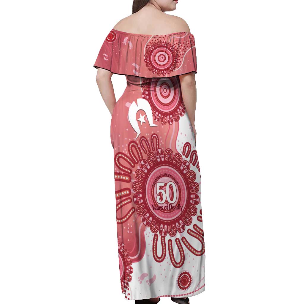 NAIDOC Week 2026 Off Shoulder Maxi Dress 50 Years Deadly Dhari Pink Aboriginal Art
